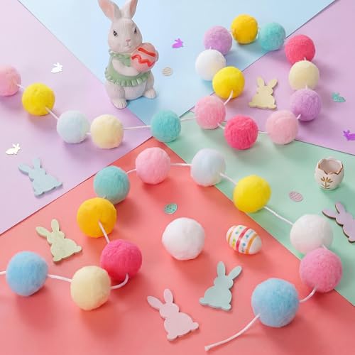 Colorful Easter Pom Pom Garland - Large 1.18 Inch Felt Balls, 13 Ft Spring Decor