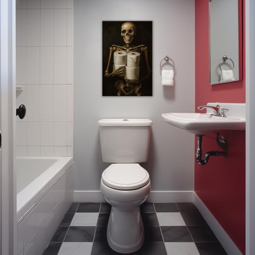 Halloween Skull Wall Art Canvas Print - Funny Skeleton with Toilet Paper, Framed 16x24 Inches - Variation Artwork-8
