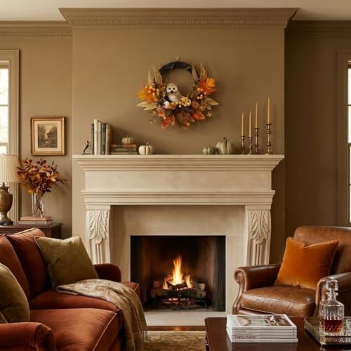 18-Inch Fall Wreath with Owl, Pumpkin & Lights - Rustic Autumn Decor
