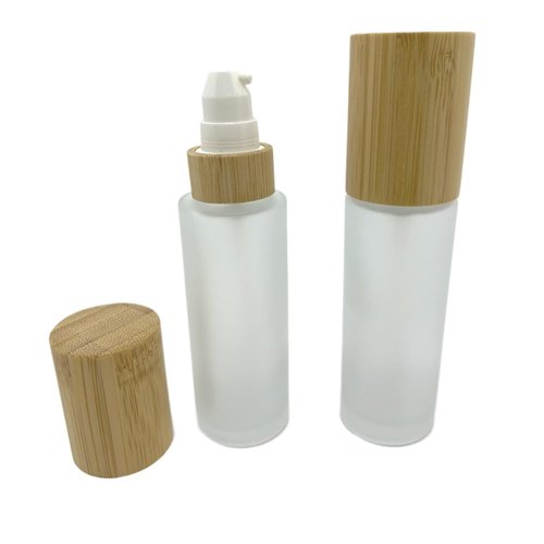 BEECO GIF2U Empty Cosmetic Bottles 2oz/60ml 2 Pack with Bamboo Cap,Frosted Glass Lotion Pump DispenserRefillable Emulsion Cosmetic Cream Bottles, Toiletries Refill Travel Containers(Frost Clear)