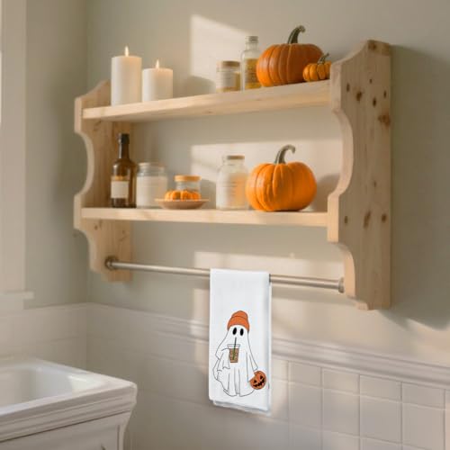 White Gothic Halloween Kitchen Towels - Ghost & Pumpkin Decor, 16x24in