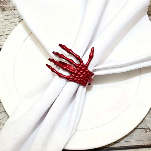 Red Halloween Skeleton Napkin Rings Set of 6 - Spooky Gothic Table Decor