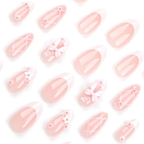 Foccna Almond Press On Nails - Medium Pink Rhinestone Bling 3D Flower False Nail Tips, 24 pcs, Variation 4
