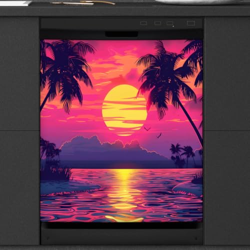 Beach Dishwasher Magnet Cover Front Dishwasher Decor Sunset Palm Tree