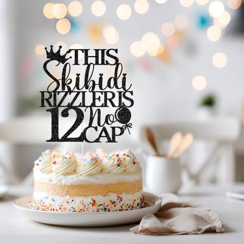 12 No Cap Cake Topper - Black Glitter Birthday Decoration, Variation of 12