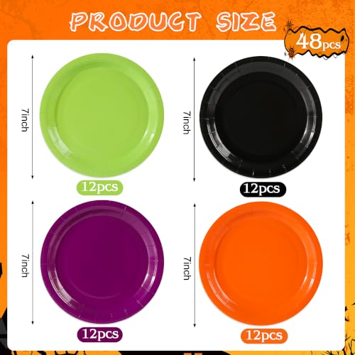 Halloween Paper Plates 7 Inch Set - Orange Green Purple Black 48 Pack - Festive Disposable Dinnerware