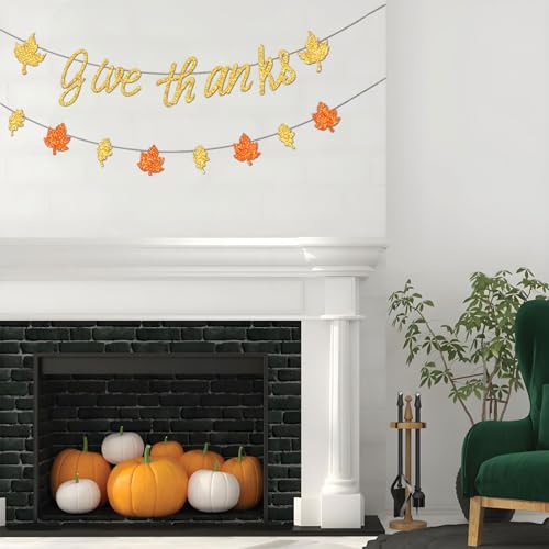 Thanksgiving Banner Set with Glitter 'Give Thanks' & Fall Leaf Garland - DIY Party Decorations