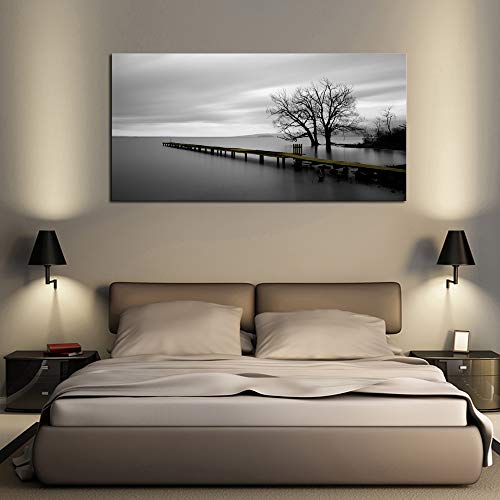 Lake Trees Canvas Wall Art - Modern Minimalist Black and White Landscape Print - 48"L x 24"W