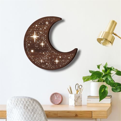Wooden Moon Phase Wall Art Decor with LED Night Light - Variation A