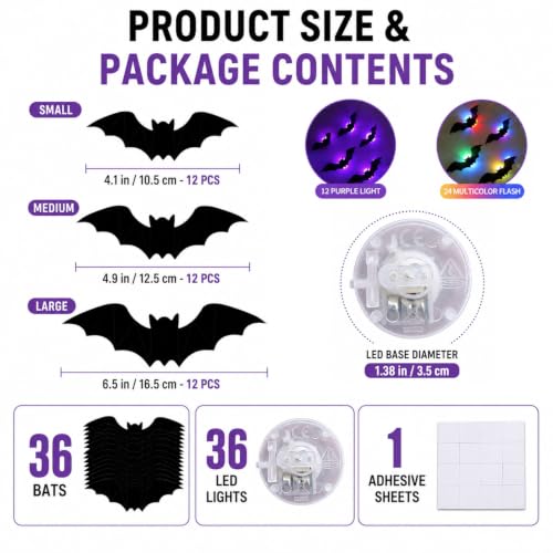 36 Pack LED Halloween Wall Decor Bats - 3D Light Up Wall Stickers, Reusable Spooky Decorations