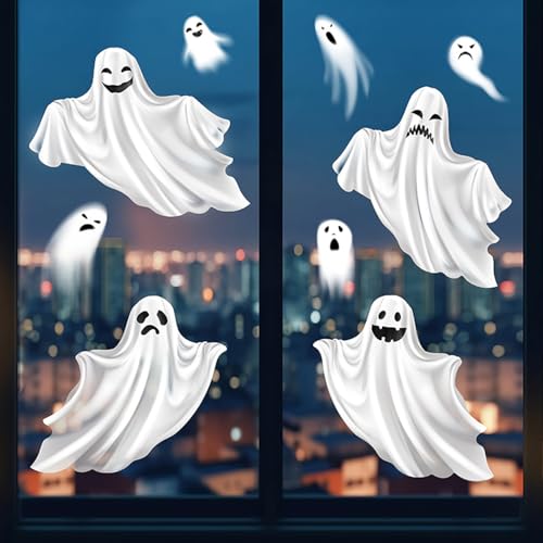 Halloween Ghost Window Clings Set - 2 Large Reusable PVC Vinyl Stickers for Glass & Mirrors