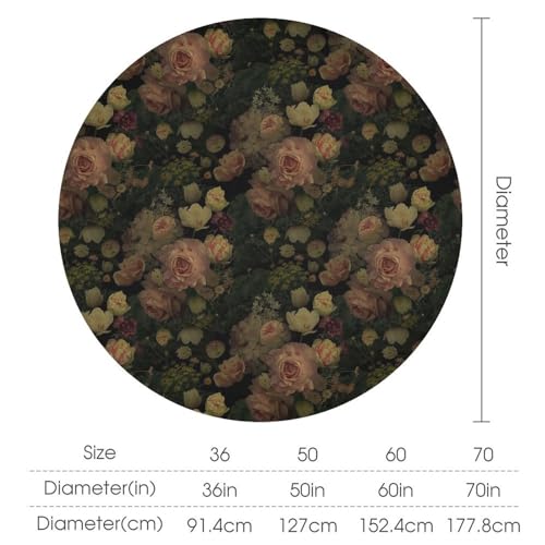Round 60x60 Inch Black Floral Tablecloth - Rustic Watercolor Botanical Design - Flower-1 Variation
