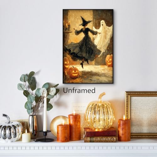 Halloween Witch & Ghost Canvas Wall Art - Unframed 8x12in Moody Gothic Decor - Dancing Witch & Ghost Variation