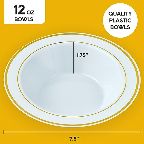 Disposable Plastic Bowls with Gold Rim - 12oz, 100 Pack, Elegant Party Serveware