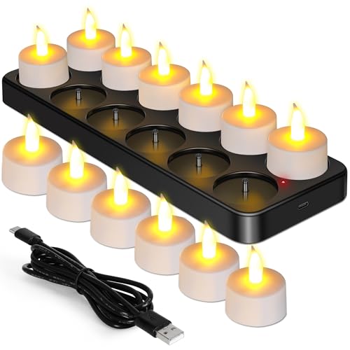 Rechargeable Flameless Tea Light Candles Set - 12 Warm White Flickering LED Candles
