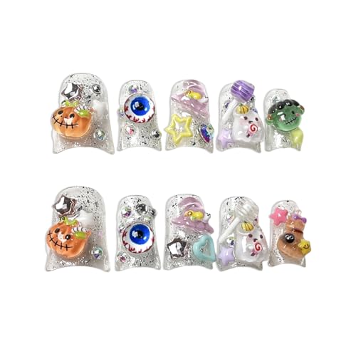 Halloween Short Press On Nails with 3D Ghost & Pumpkin Designs – Variation D-158 / M