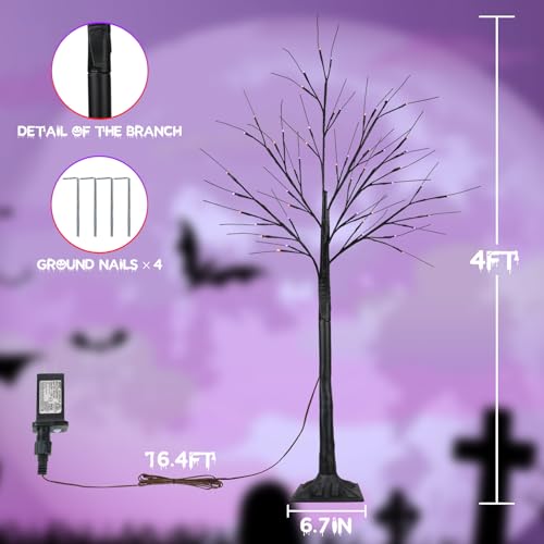 Halloween Black Tree with 100 LED Orange & Purple Lights - 4Ft, 2 Pack, Adjustable & Waterproof
