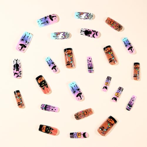 Halloween Almond False Nails Set with Ghost Bat Pumpkin Design - Style-5, 24pcs