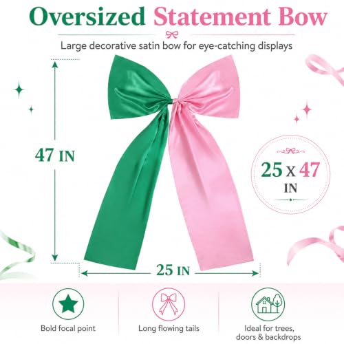 Large Pink and Green Satin Bow Christmas Tree Topper Decor 25x47 Inch