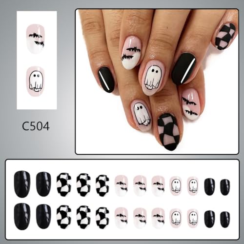 Halloween Press On Nails Short Oval Ghost Bat Design - Style-6, Black Pink