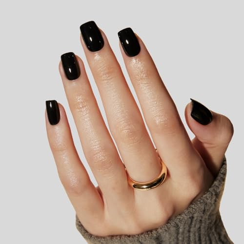 Black Short Square Press-On Nails Set - Reusable Gel Fake Nails with 16 Sizes, Midnight Variation