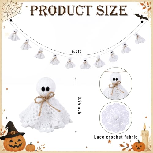 Halloween Ghost Garland 6.5 ft Lace & Jute Rustic Decor for Mantle & Party