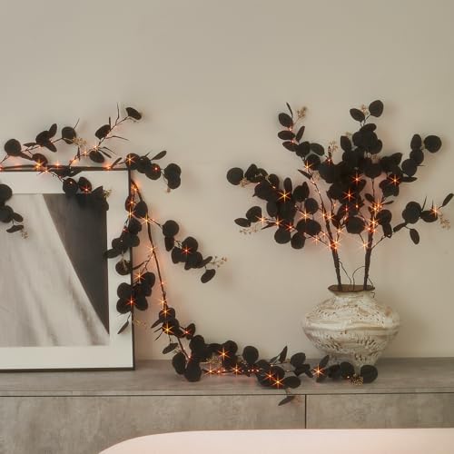 Lighted Black Eucalyptus Branches with Timer - 80 LED Halloween Tree Decor