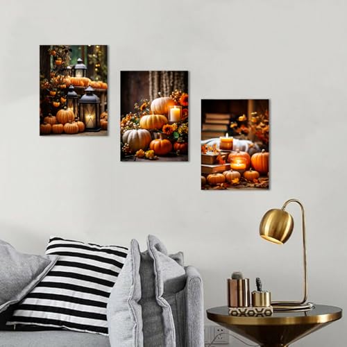 Farmhouse Pumpkin Wall Art Set - Fall Kitchen Decor Canvas Prints 12x16 Inches, 3 Pieces - Autumn Harvest Theme for Thanksgiving & Halloween, Rustic Home Decor