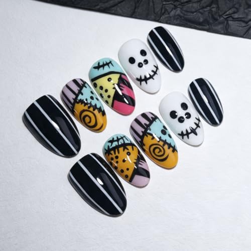 Reusable Short Almond Press-On Nails with Halloween Skull Design - S Variation