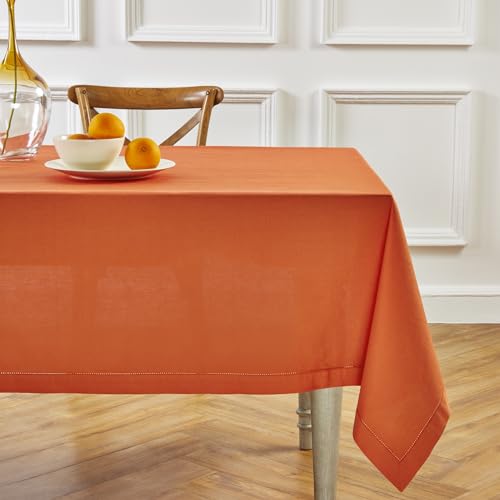 Cotton Linen Tablecloth Burnt Orange Hemstitch 58 x 104 Inches - Handcrafted