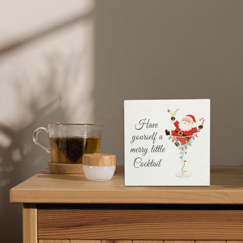 Christmas Santa Cocktail Wooden Sign - Funny Xmas Bar Decor - 5x5 Inch Santa Claus Wood Block - Holiday Desk Wall Decoration - Santa Cocktail Variation