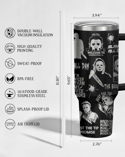 CreepyBlack 40 oz Insulated Tumbler with Handle - Halloween Horror Gift