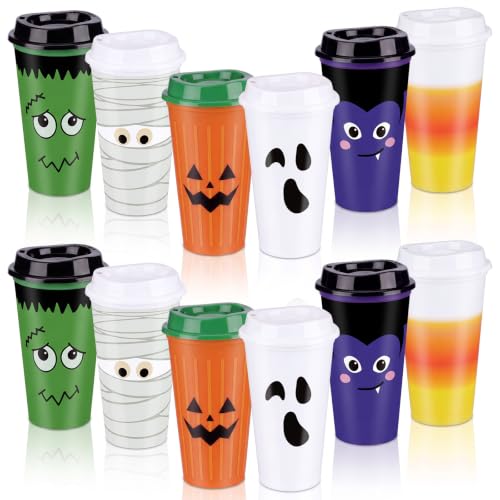 Halloween Reusable Coffee Cups with Lid - 12 Pack, 16 oz, Ghost & Monster Design - Grimace Variation