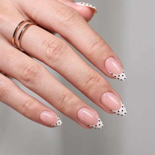 Short Almond Press-On Nails - Glow In The Dark Polka Dot French Nails 4D Luminous Dottie