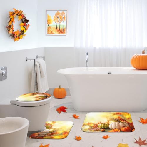 Fall Bathroom Rug Set of 3 - Microfiber, Non-Slip, Absorbent, Thanksgiving Pumpkin Design - Fall 3