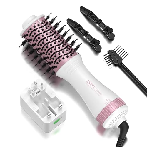 DAN Auto Dual Voltage Hair Dryer Brush(100V-240V),Travel Hair Dryer Brush with Multi-Function Plug Adapter,One Step Blow Dryer Brush and Styler Volumizer
