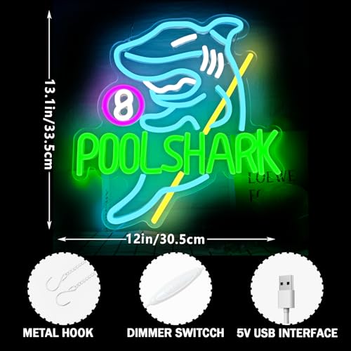Pool Shark Neon Sign for Wall Decor Dimmable Billiards Game Room Light - Man Cave Gift