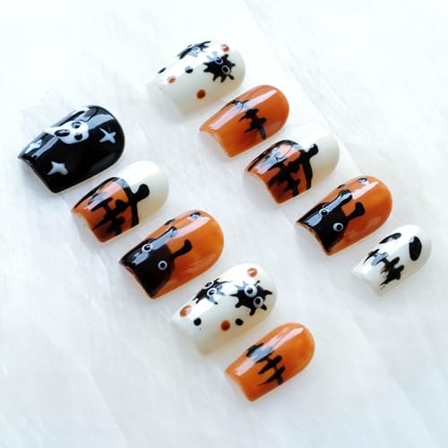 Halloween Press On Nails Short Square False Nails - Handmade Festive Orange Black M