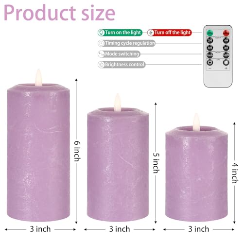 Purple Flameless Candles with Concave Top - Lavender Decor, Timer Remote, Set of 3