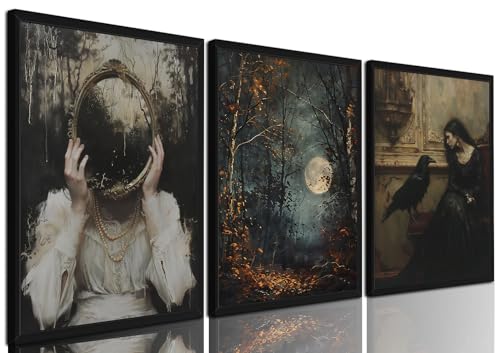 Dark Academia Wall Art Set of 3 - Gothic Vintage Witch Raven Full Moon Halloween Canvas Prints, 16 x 12 inches, Framed