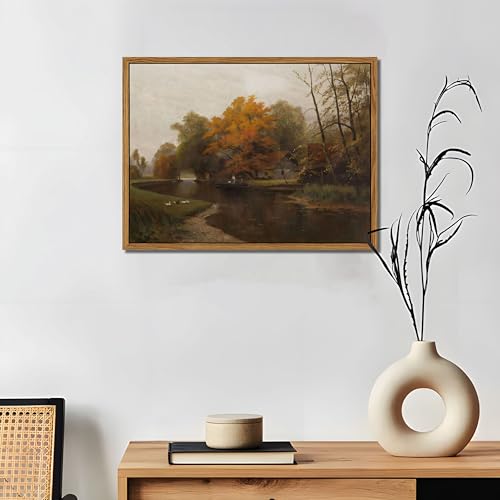 Autumn by the Water Floating Canvas Wall Art - 16x12 Inch Nature Landscape Decor