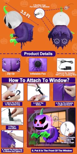 3.5 Ft Inflatable Halloween Window Decoration with Lights - Spooky Ghost & Pumpkin Scene