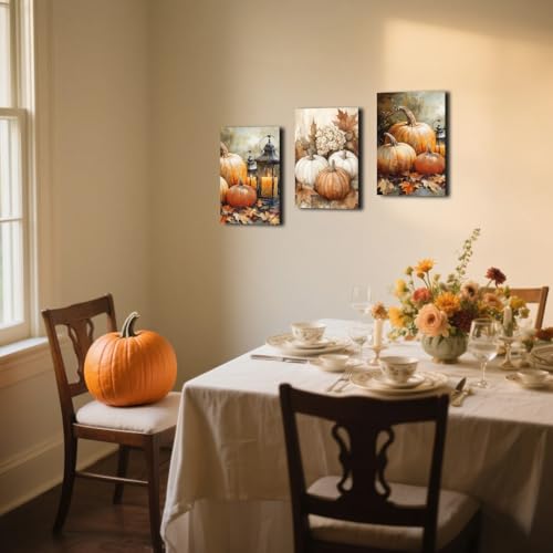 Fall Wall Decor 3 Pieces Farmhouse Pumpkin Autumn Canvas Wall Art Brown 16x24 Inches