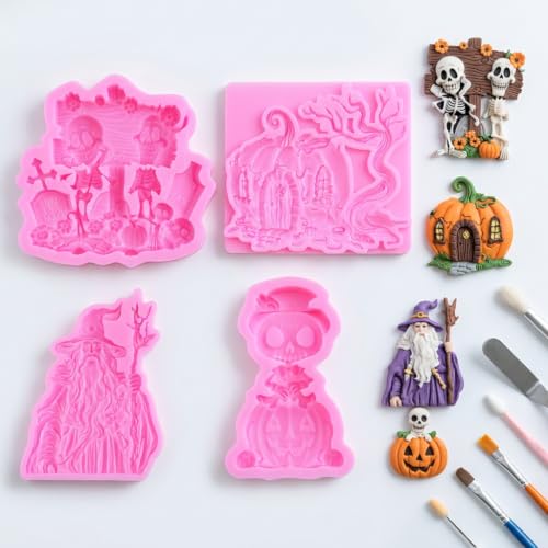 Halloween Silicone Mold Set of 4 - Skull Skeleton Witch Pumpkin Tombstone
