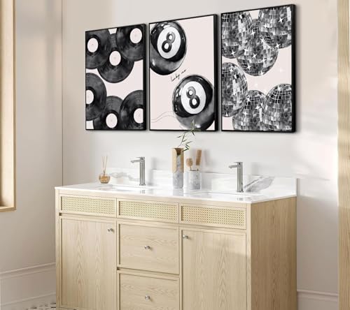 Disco Poster Wall Art Set - Black White Canvas Prints 24x16in - Lucky 8 Ball