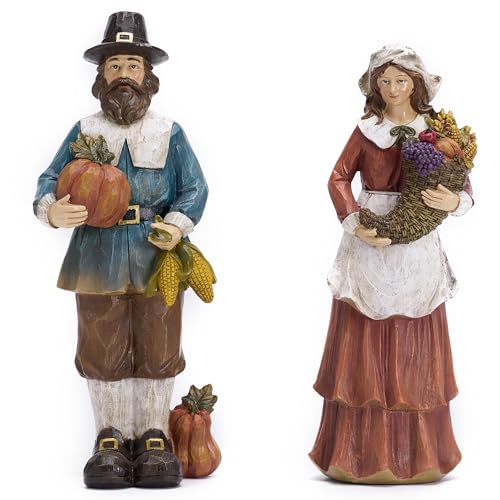 Medium Fall Decor Set - 2 Pcs Pilgrim Figurines for Indoor Outdoor Thanksgiving Autumn Harvest