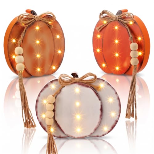 Retro Lighted Fall Pumpkin Decor Set - 3 Pieces, 4.7 Inch