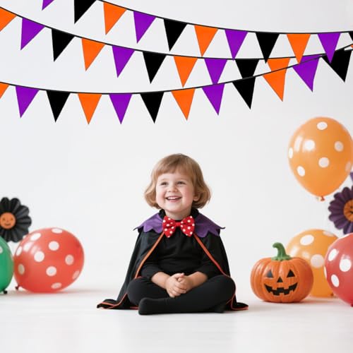 Halloween Pennant Banner - Black, Orange & Purple Fabric Triangle Bunting - 39Ft Indoor Outdoor Party Decor with Variation Black Orange Purple