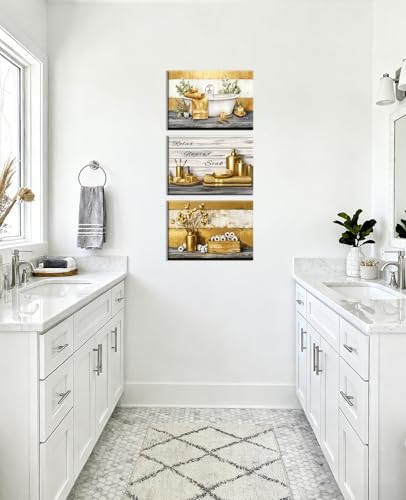 Farmhouse Bathroom Wall Art Set - 3 Piece Gold Canvas Prints 11x14 Ready to Hang