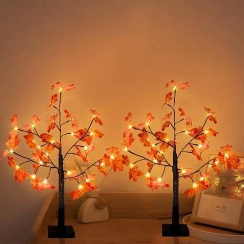 Maple Tree Lights - 2 Pack 2FT Artificial Fall Trees with Timer & LED Warm White for Indoor Decor